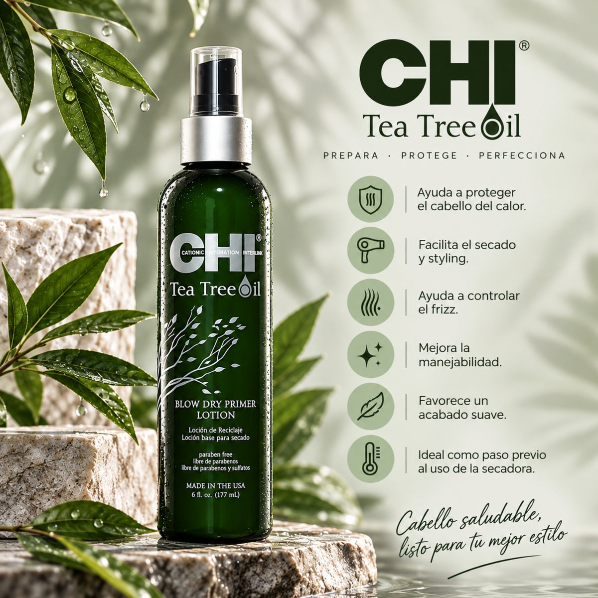 CHI Tea Tree Blow Dry Primer | Protector Térmico para Secado y Styling | Control del Frizz 177 ml