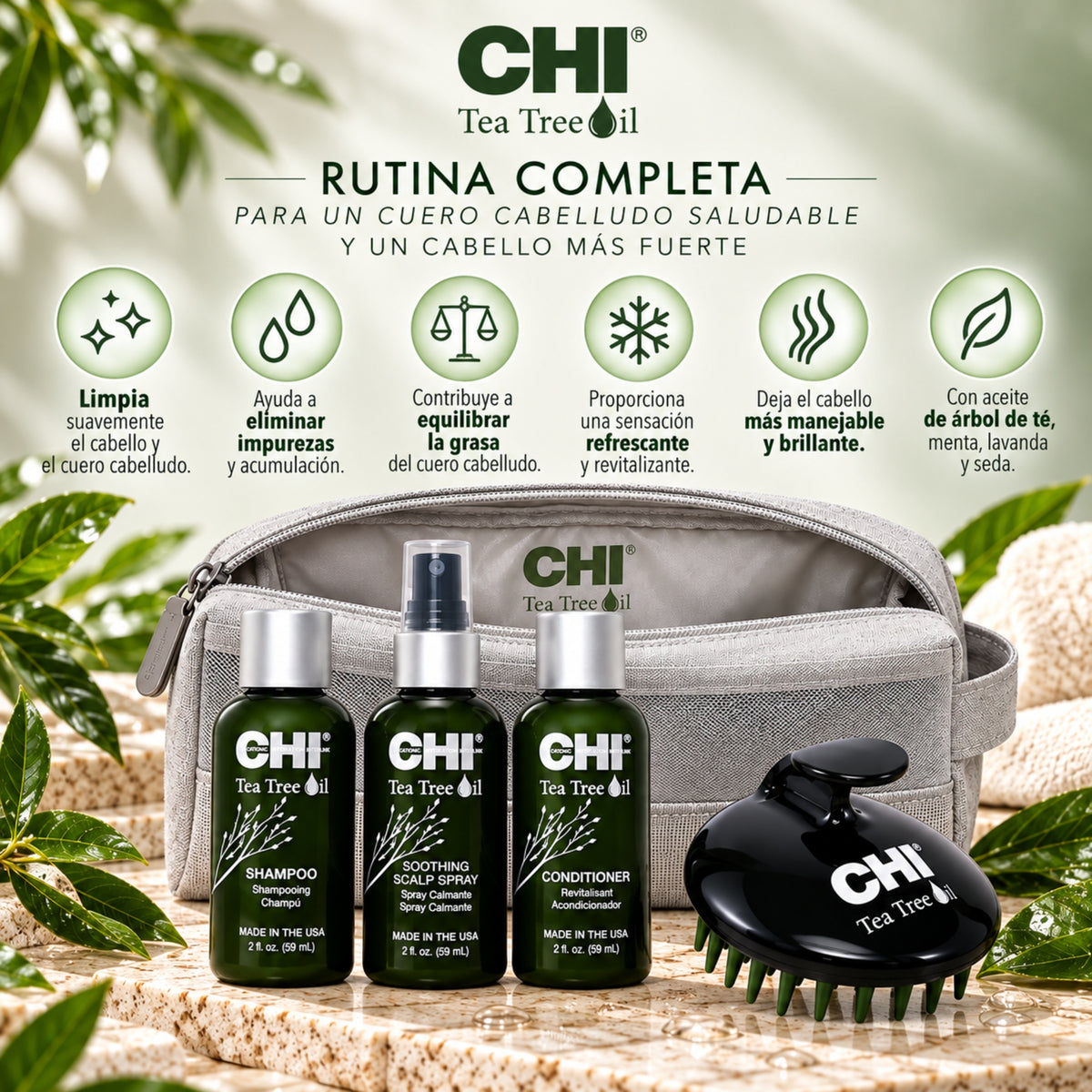 CHI Tea Tree Kit Spa en Casa + Cosmetiquera | Rutina para Cabello y Cuero Cabelludo