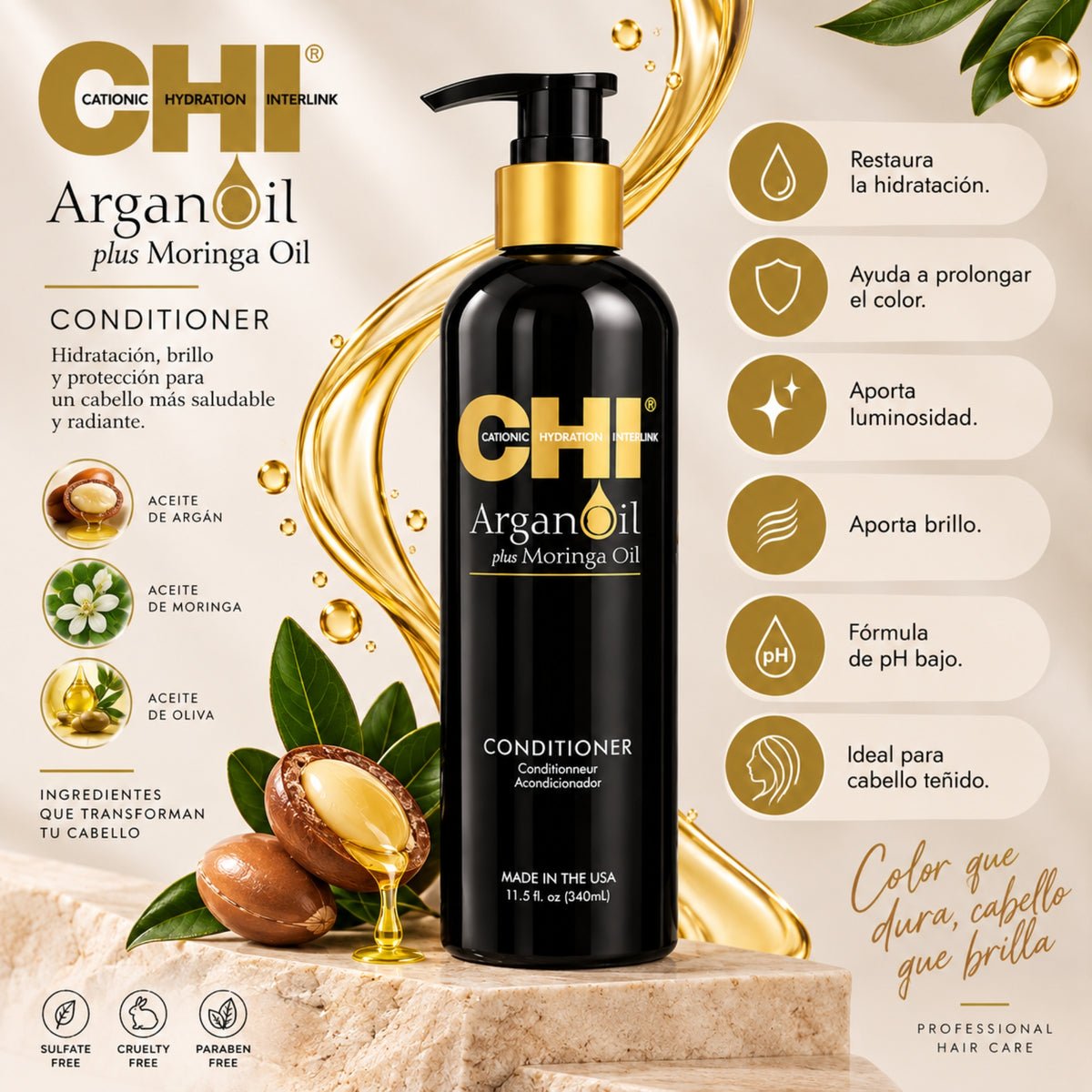 CHI Argan Oil Conditioner 340 ml | Acondicionador para Cabello Teñido, Hidratación, Protección del Color y Brillo
