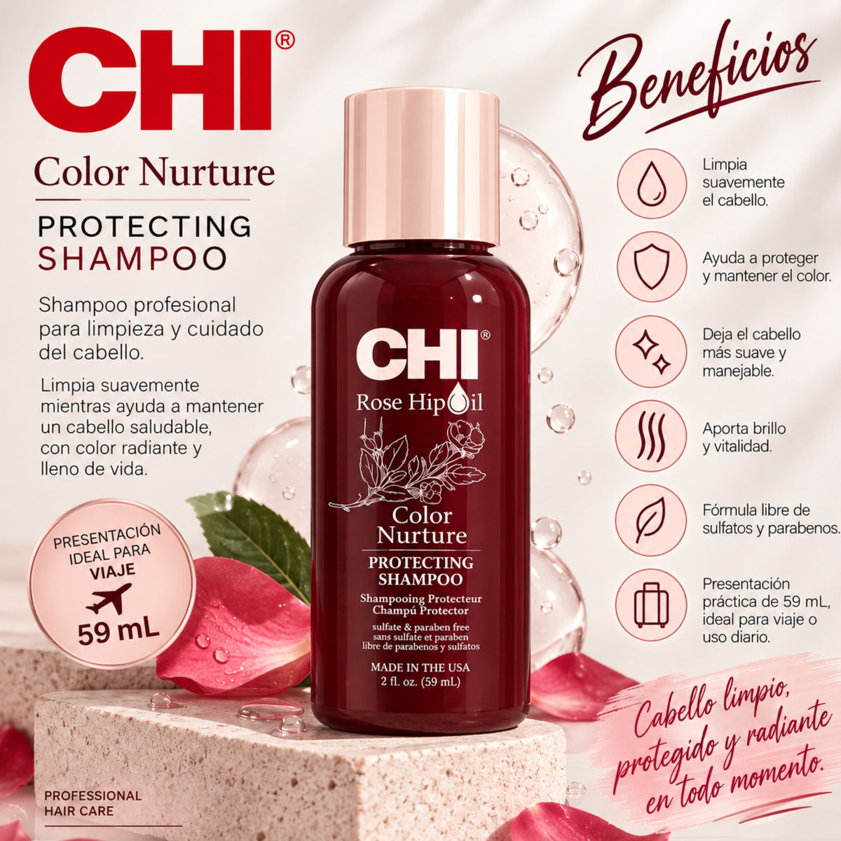 CHI Rose Hip Oil Shampoo Protección de Color 59 ml | Cabello Teñido y Brillo