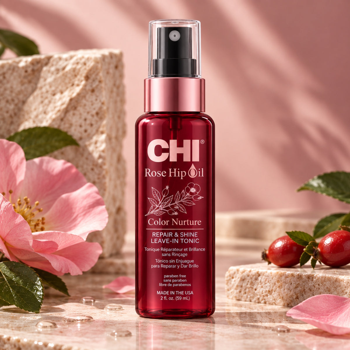 CHI Rose Hip Oil Leave-In Tonic 59 ml | Hidratación, Brillo, Fuerza y Control de Frizz