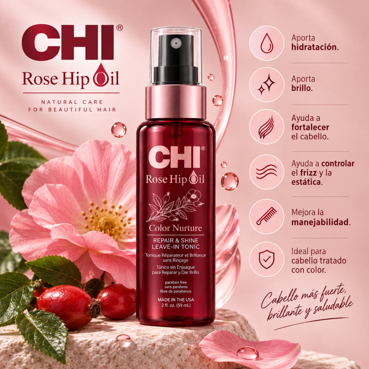 CHI Rose Hip Oil Leave-In Tonic 59 ml | Hidratación, Brillo, Fuerza y Control de Frizz