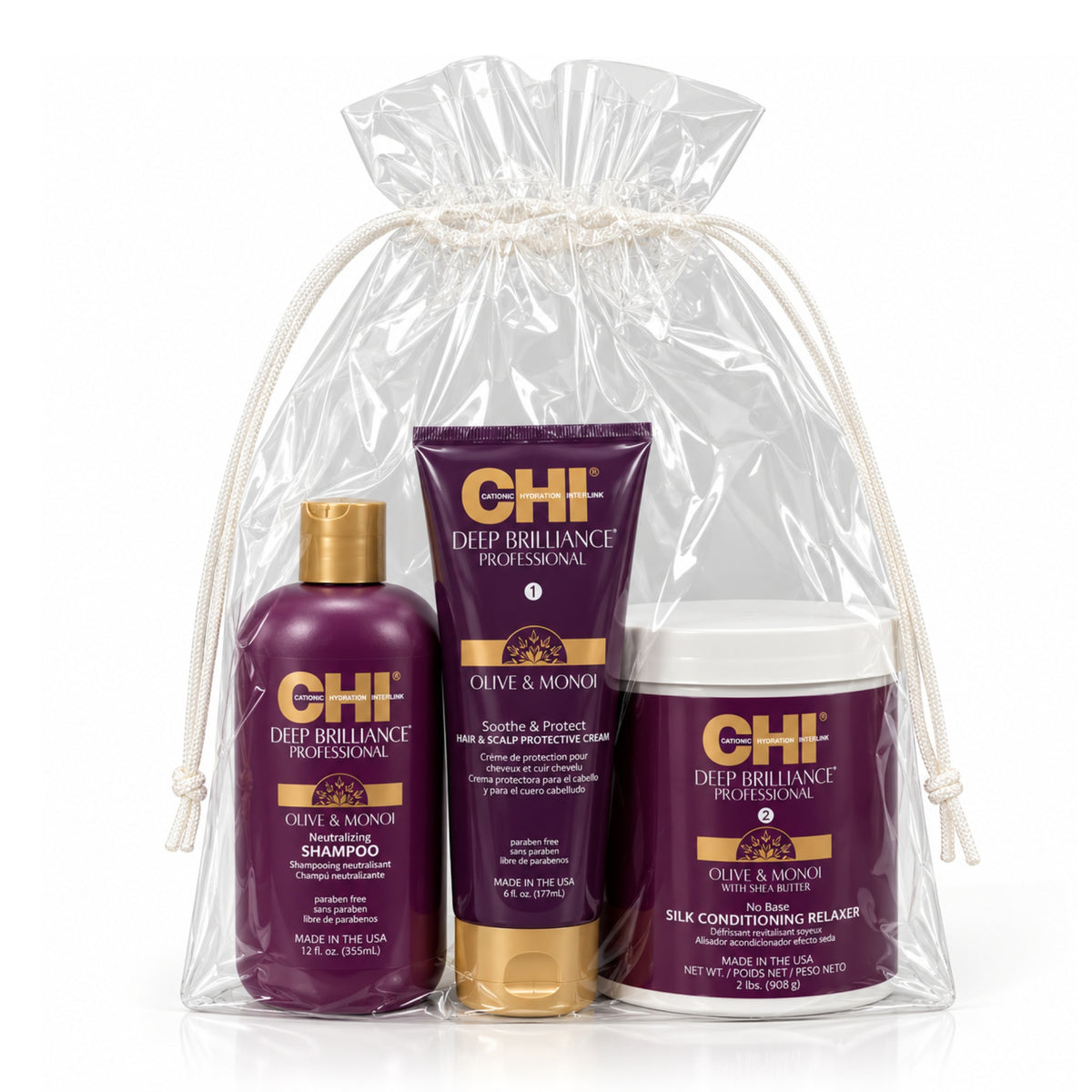CHI Deep Brilliance Kit Profesional para Relajación Capilar | Soothe & Protect 177 ml + Neutralizing Shampoo 355 ml + Silk Conditioning Relaxer 908 g