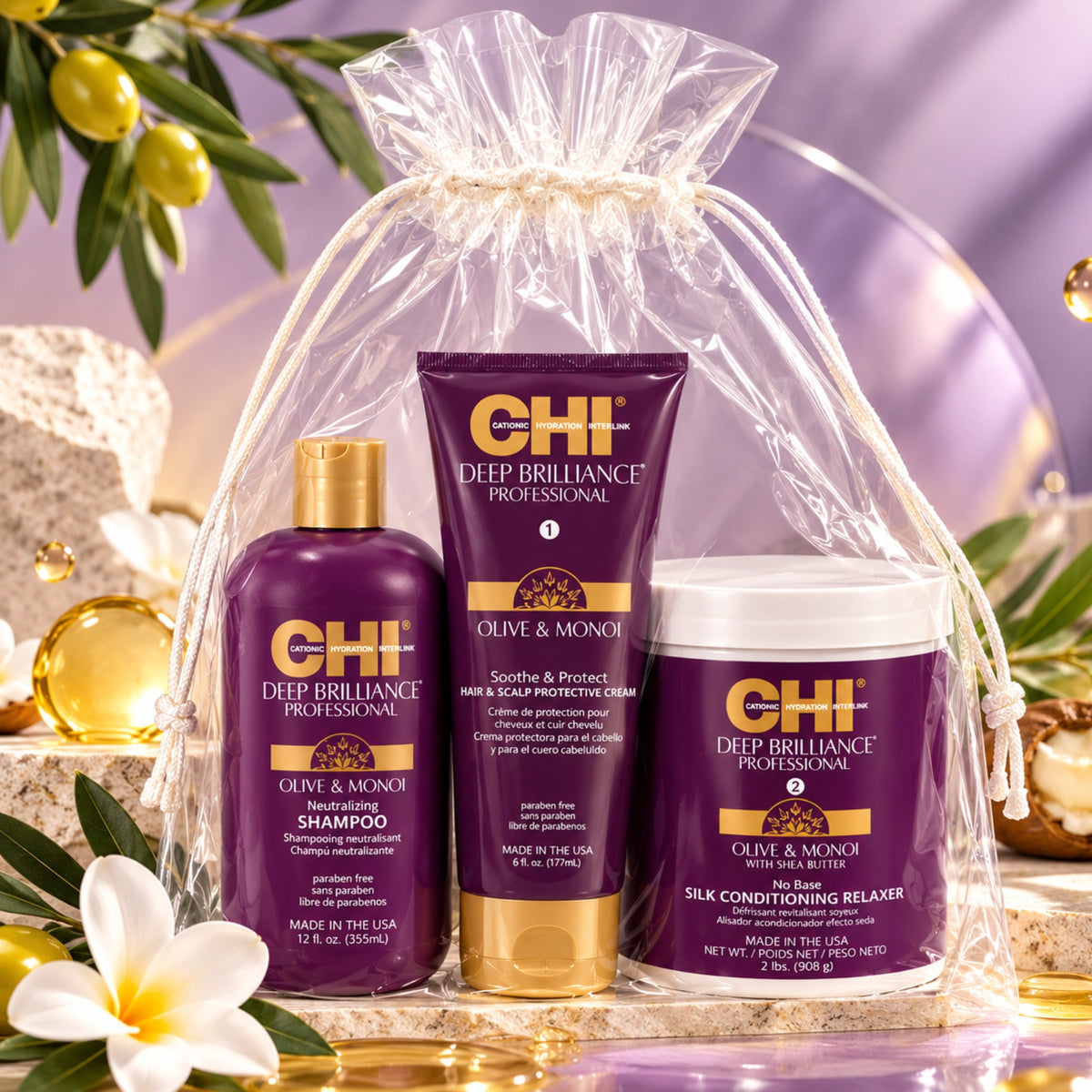 CHI Deep Brilliance Kit Profesional para Relajación Capilar | Soothe & Protect 177 ml + Neutralizing Shampoo 355 ml + Silk Conditioning Relaxer 908 g