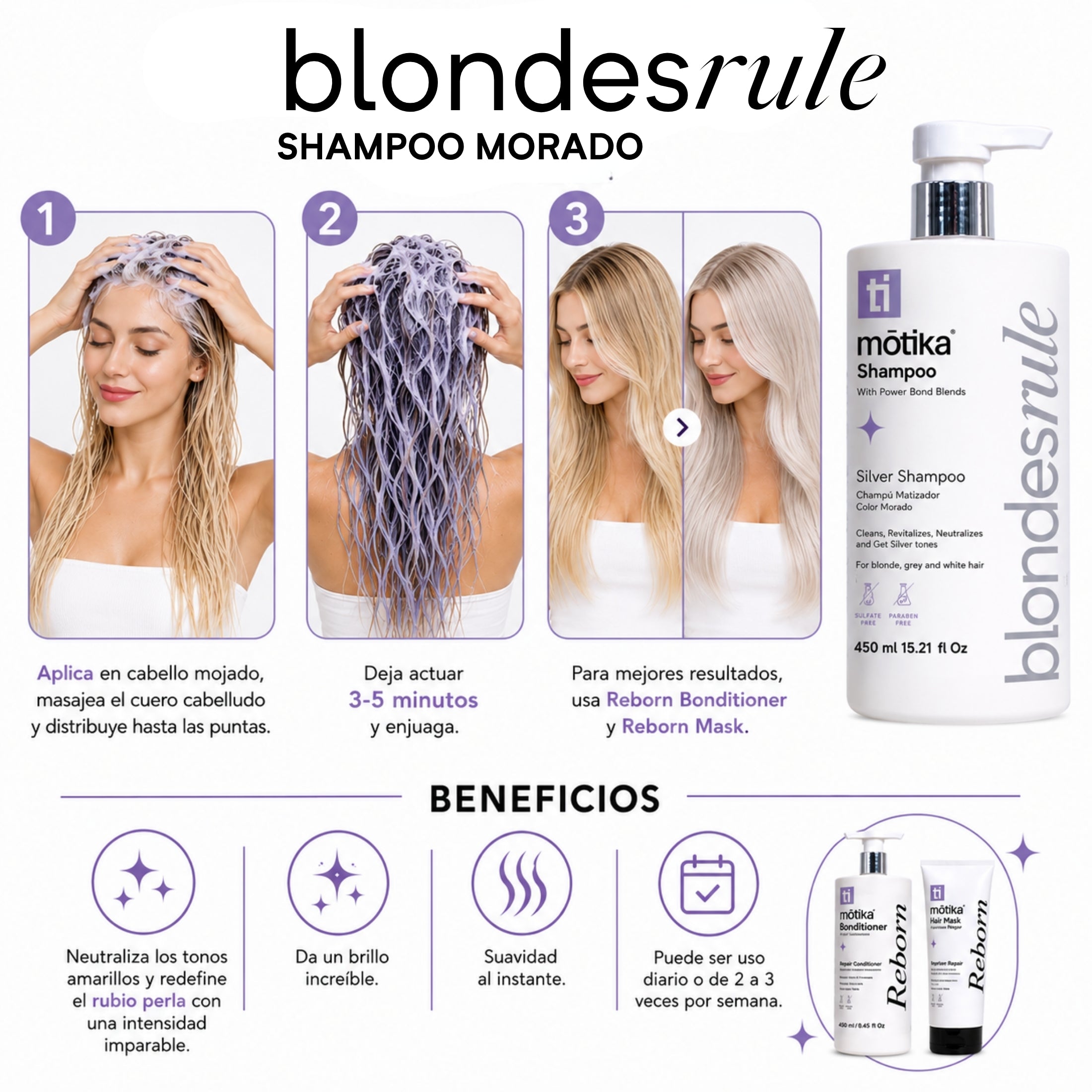 Blondes Rule motika| Shampoo Matizador Morado para Cabello Rubio Perla