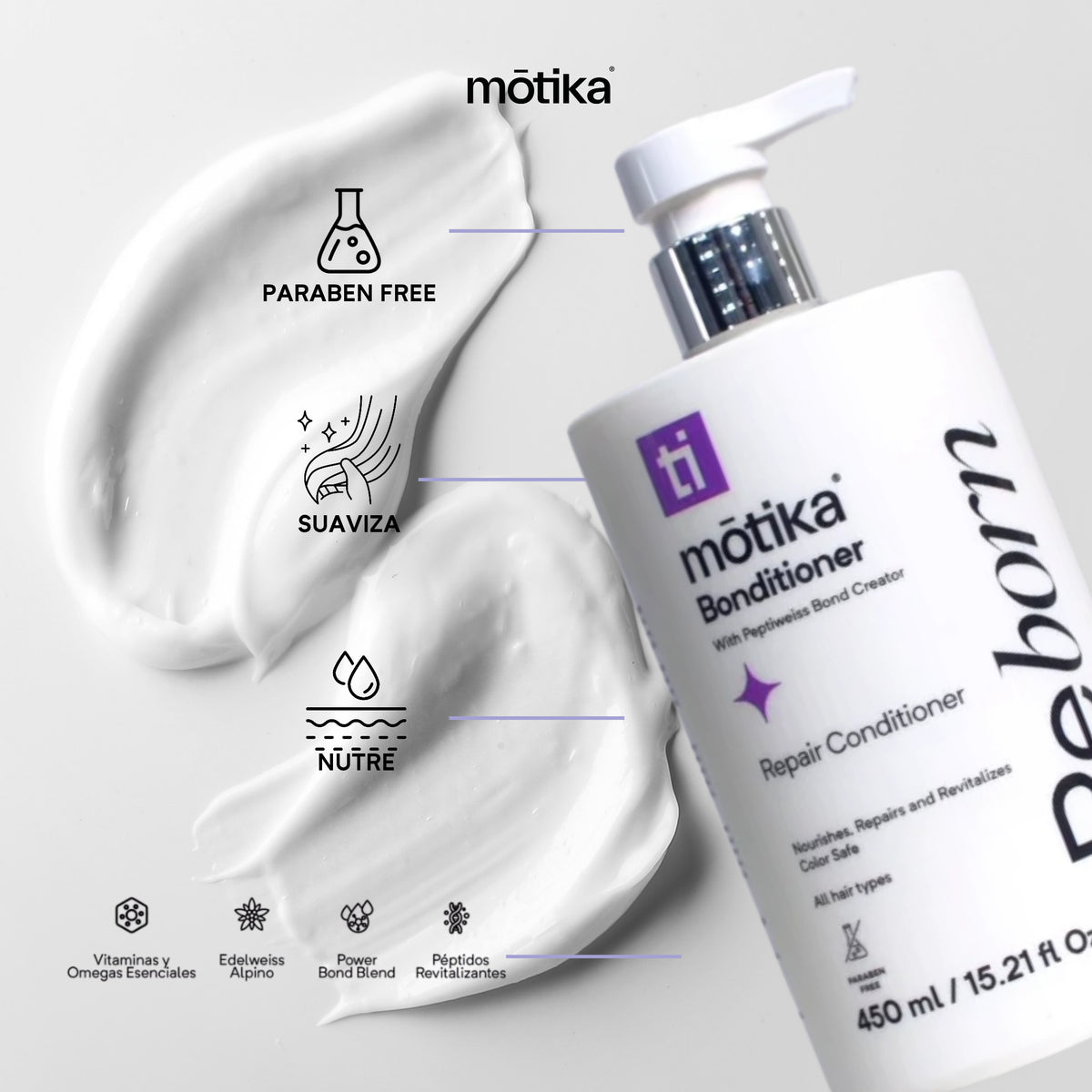Kit Reborn mōtika Shampoo 450 ml + Bonditioner 450 ml + Dryme Crazy 300 ml + Cosmetiquera Rosa | Reparación, Suavidad y Secado Rápido