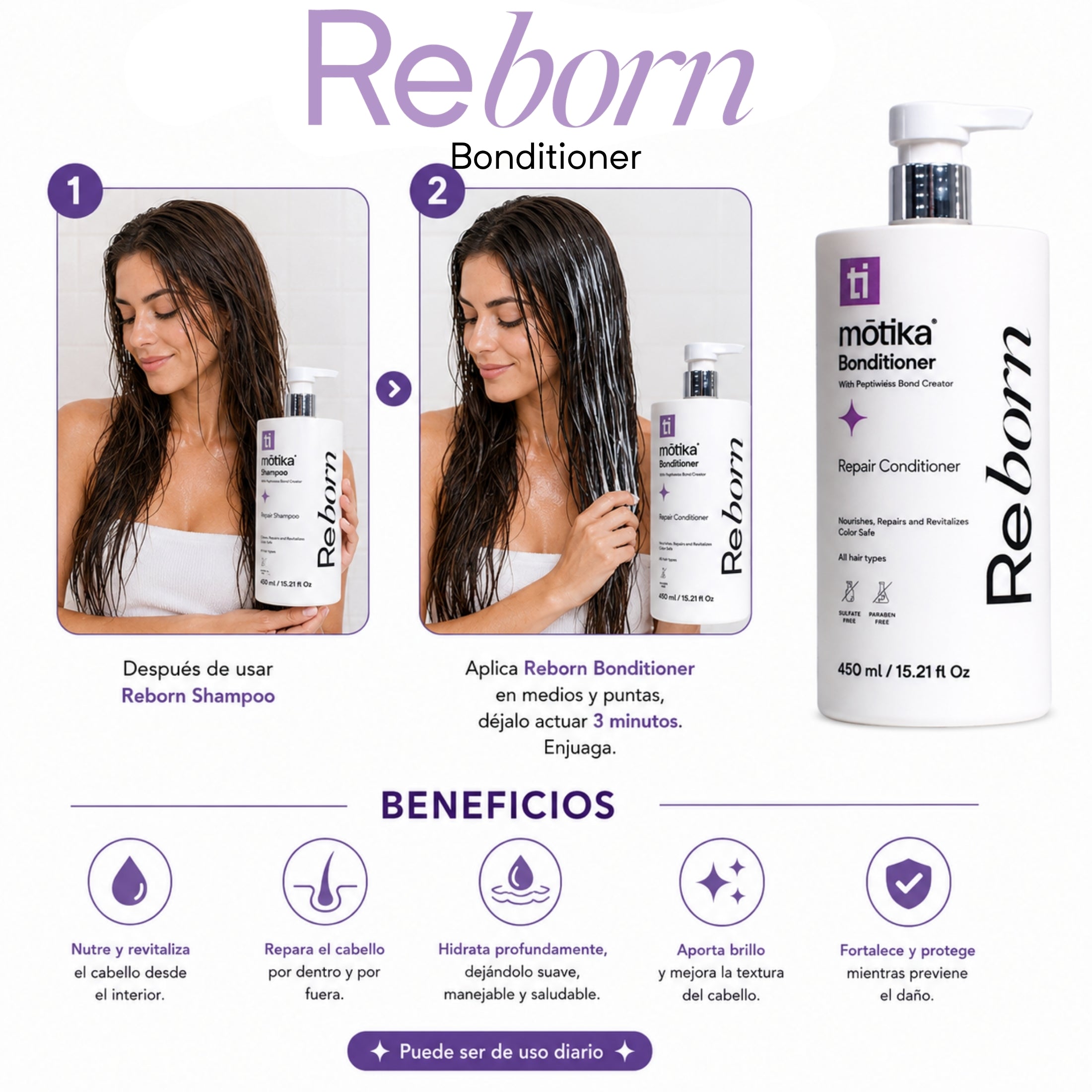 Duo Shampoo + Bonditioner Reborn mōtika | Limpieza, Reparación e Hidratación para Cabello Dañado