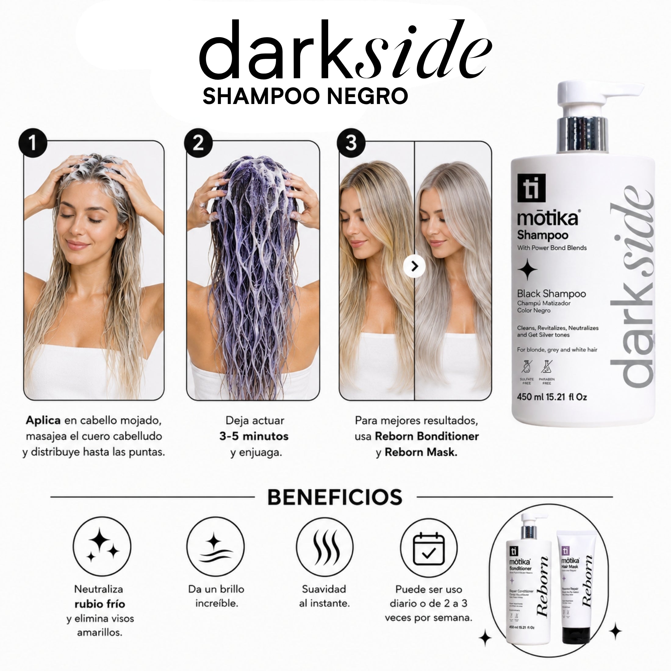 Cosmetiquera Green motika | Kit para Cabello Rubio Frío con DarkSide, Mascarilla Reparadora Hair Mask y Bifásico Hidratante Good Hair Day