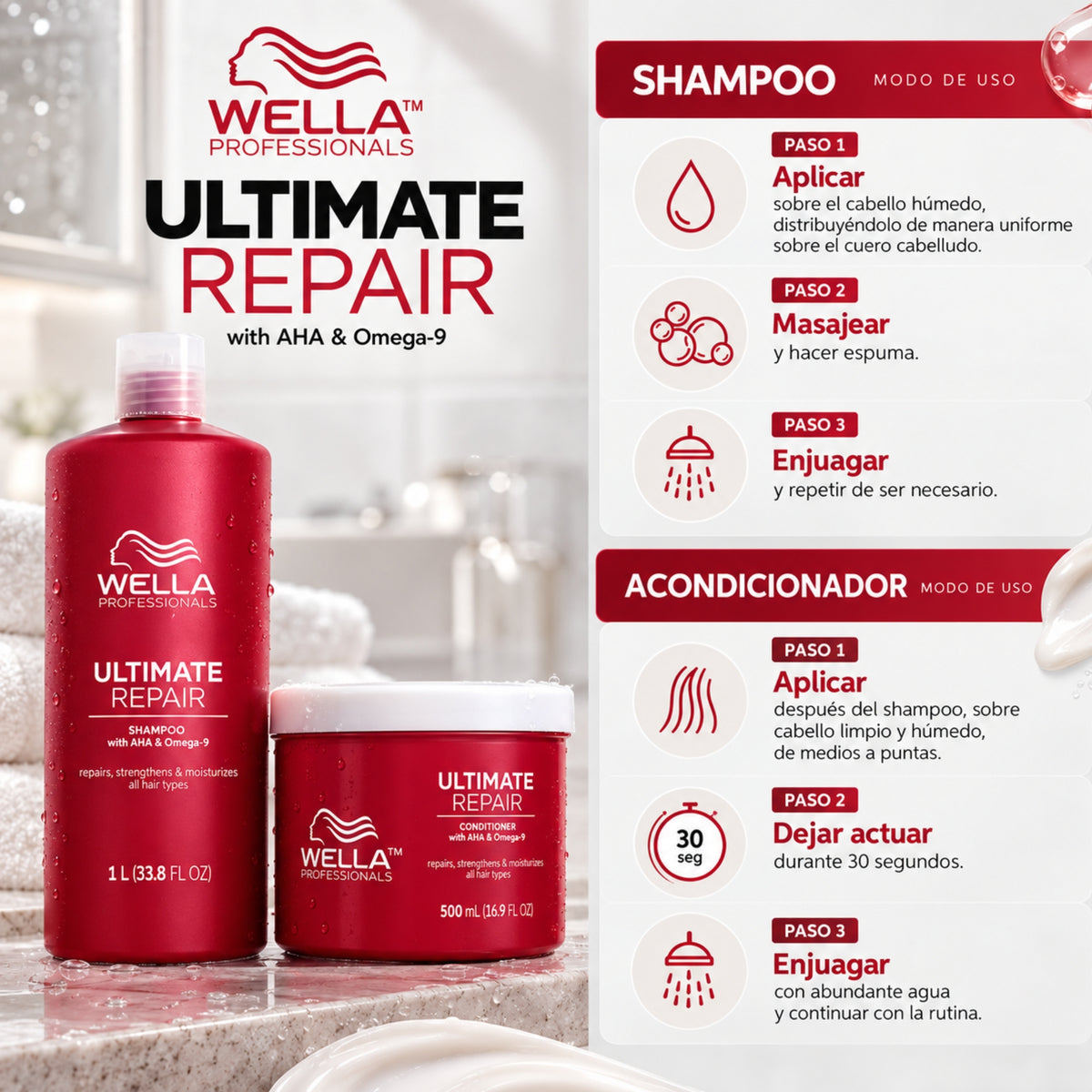Wella Ultimate Repair Duo Shampoo 1 L + Acondicionador 500 ml Gratis | Reparación y Fortalecimiento