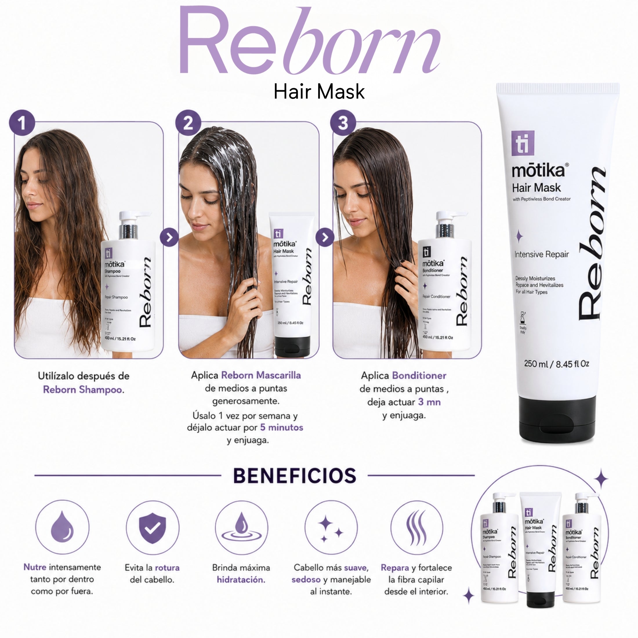 Hair Mask Reborn motika | Mascarilla Reparadora para Cabello Natural, Dañado y Teñido