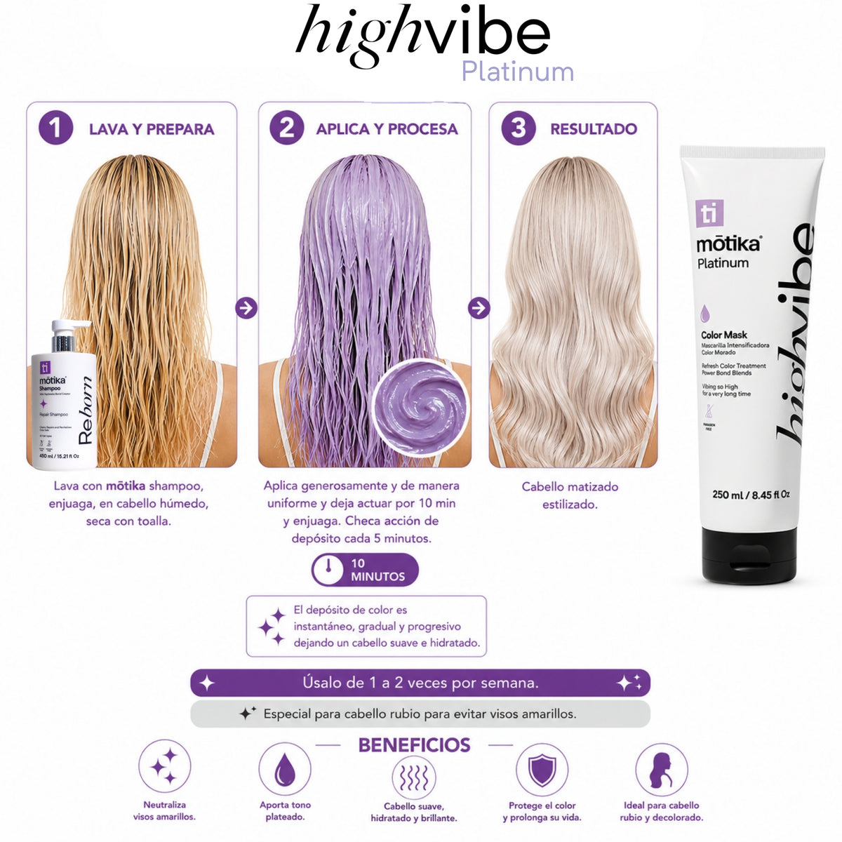 HighVibe Platinum  motika | Mascarilla Matizadora para Cabello Rubio Perla 250 ml