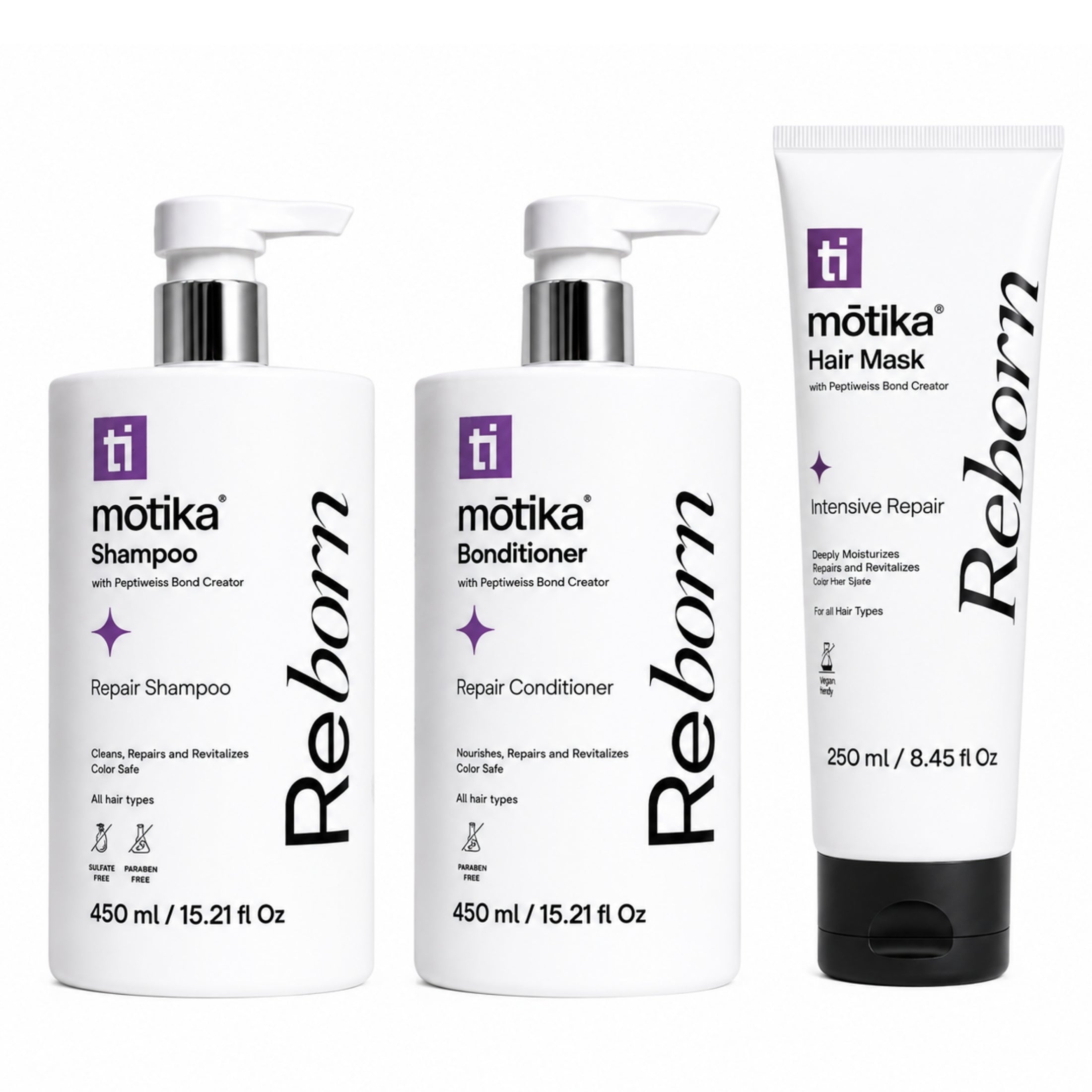 Trío Shampoo + Bonditioner + Hair Mask Reborn mōtika | Limpieza, Reparación e Hidratación para Cabello Dañado