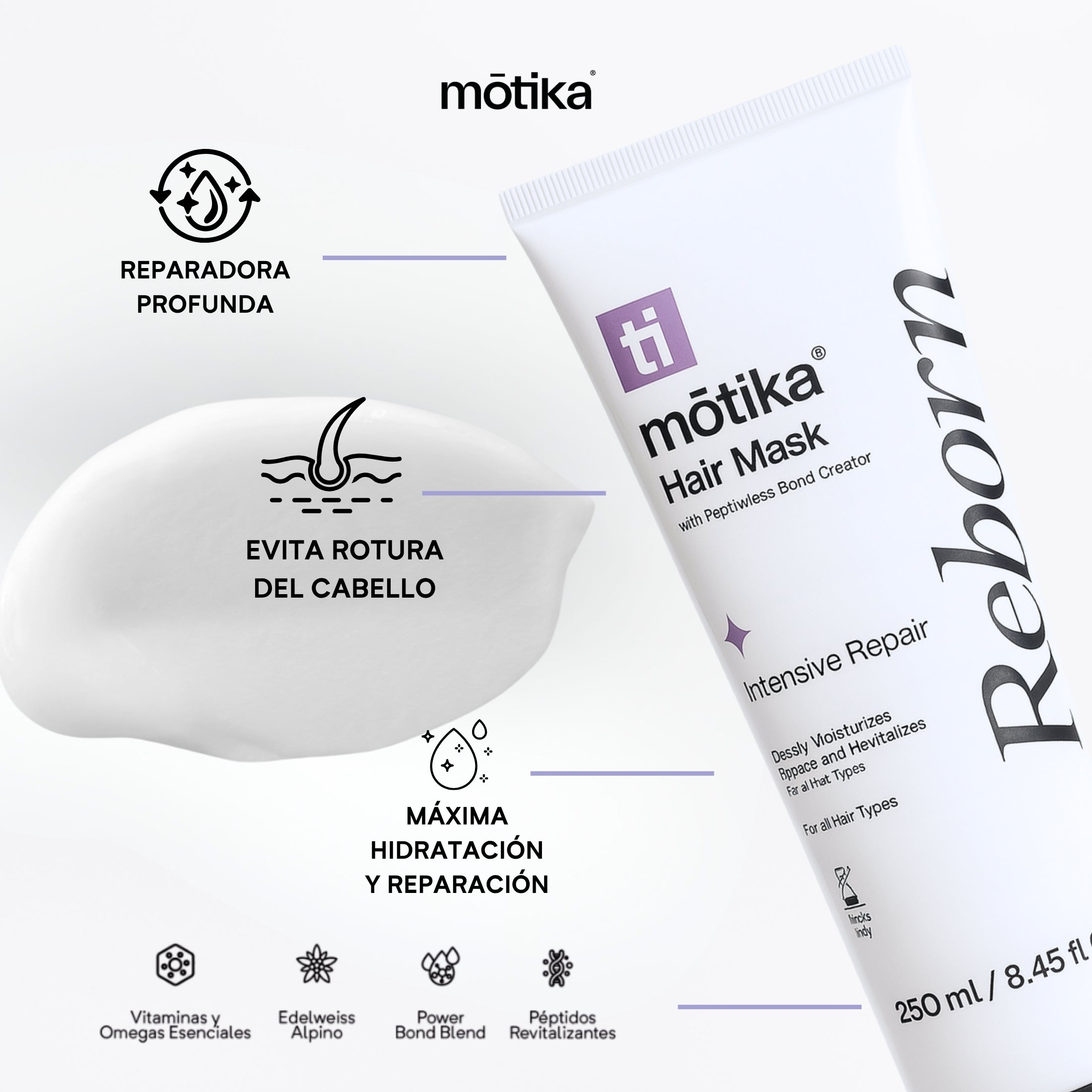 Trío Shampoo + Bonditioner + Hair Mask Reborn mōtika | Limpieza, Reparación e Hidratación para Cabello Dañado