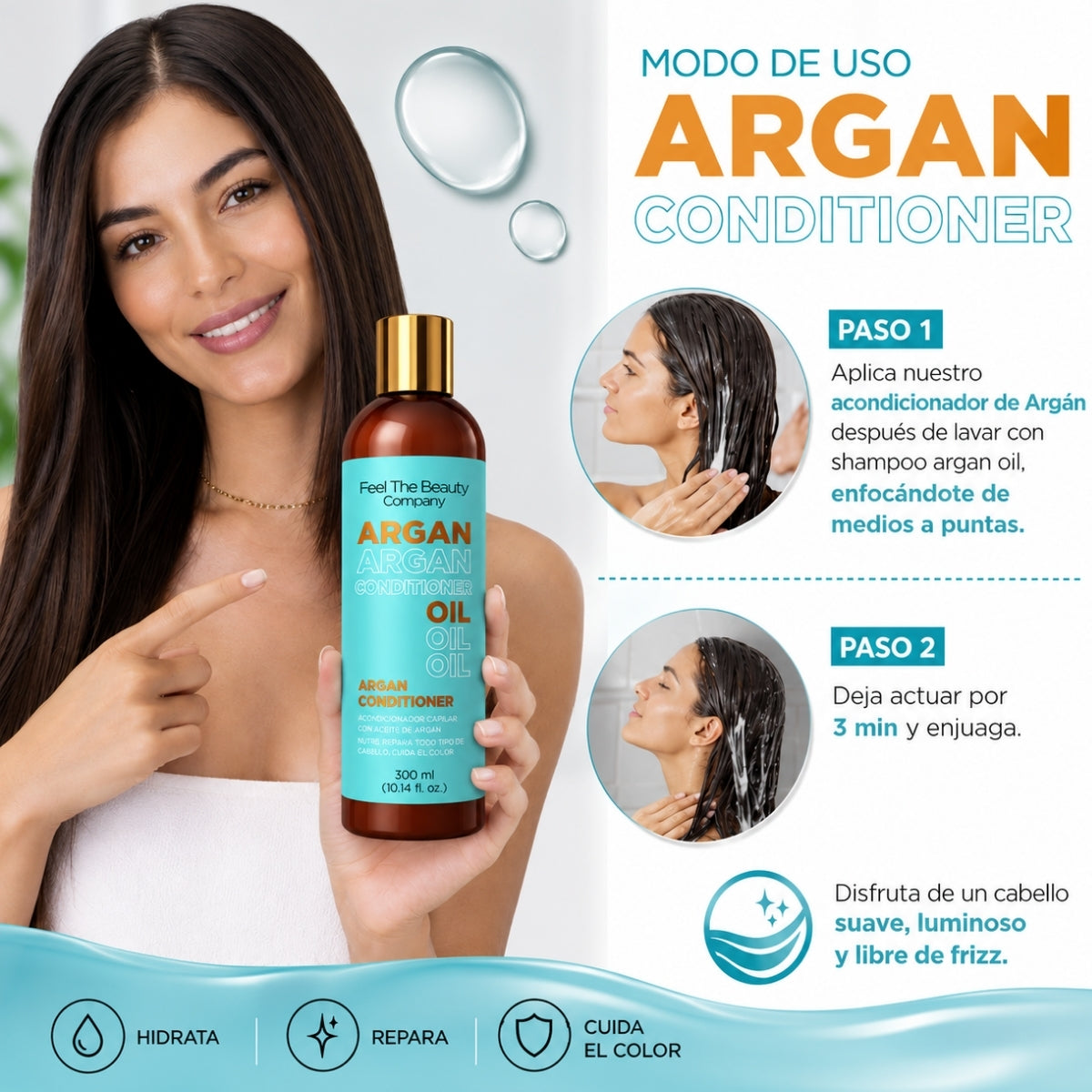 Conditioner Hidratante con Aceite de Argán Feel The Beauty 500 ml | Suavidad, Brillo y Control de Frizz