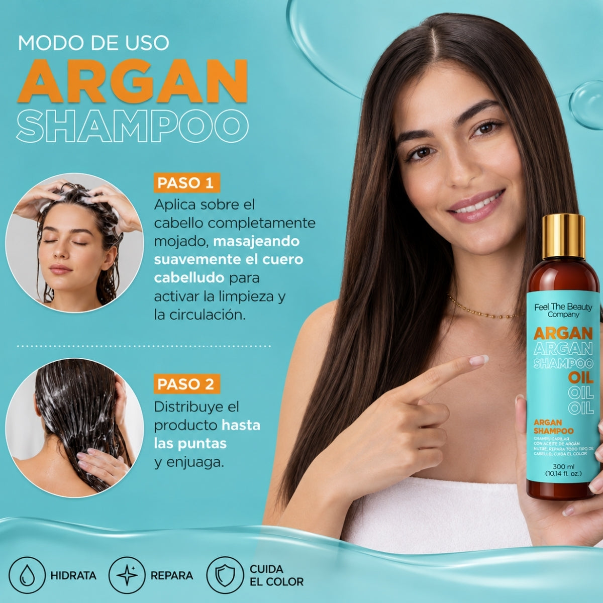 Shampoo Hidratante con Aceite de Argán Feel The Beauty 500 ml | Nutrición y Reparación para Cabello Seco y Maltratado