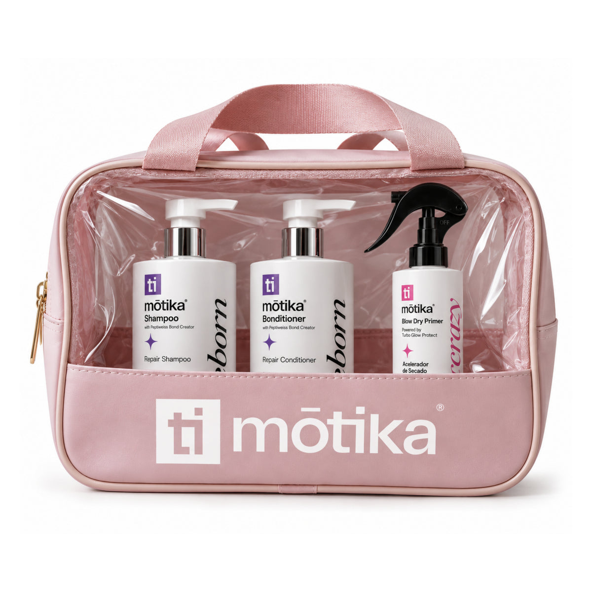 Kit Reborn mōtika Shampoo 450 ml + Bonditioner 450 ml + Dryme Crazy 300 ml + Cosmetiquera Rosa | Reparación, Suavidad y Secado Rápido