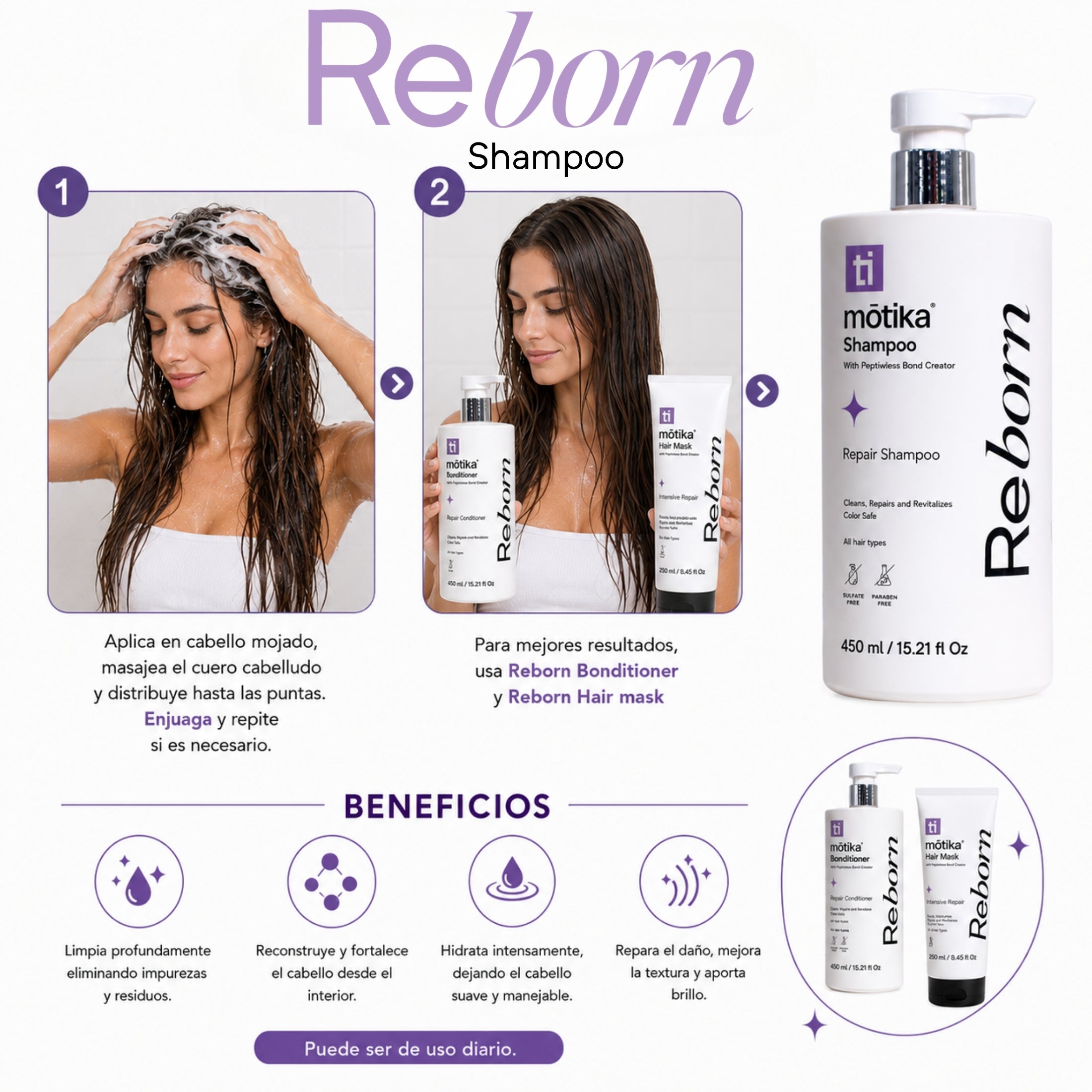 Shampoo Reborn motika | Reparador para Cabello Natural, Dañado y Teñido