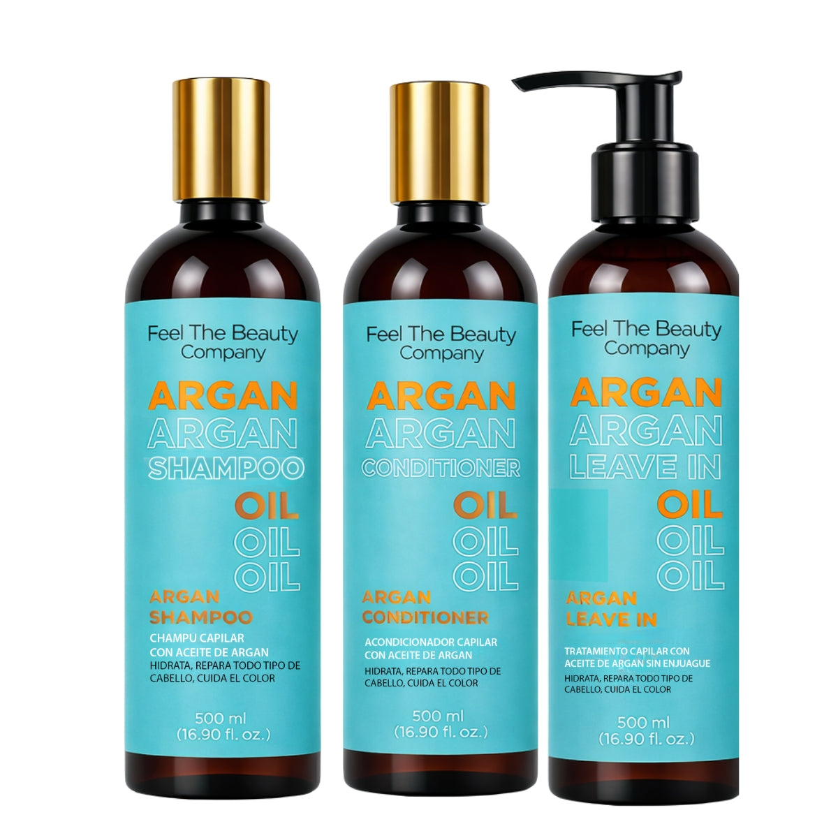 Feel The Beauty Trío Argan Oil | Shampoo + Acondicionador + Mascarilla Sin Enjuague