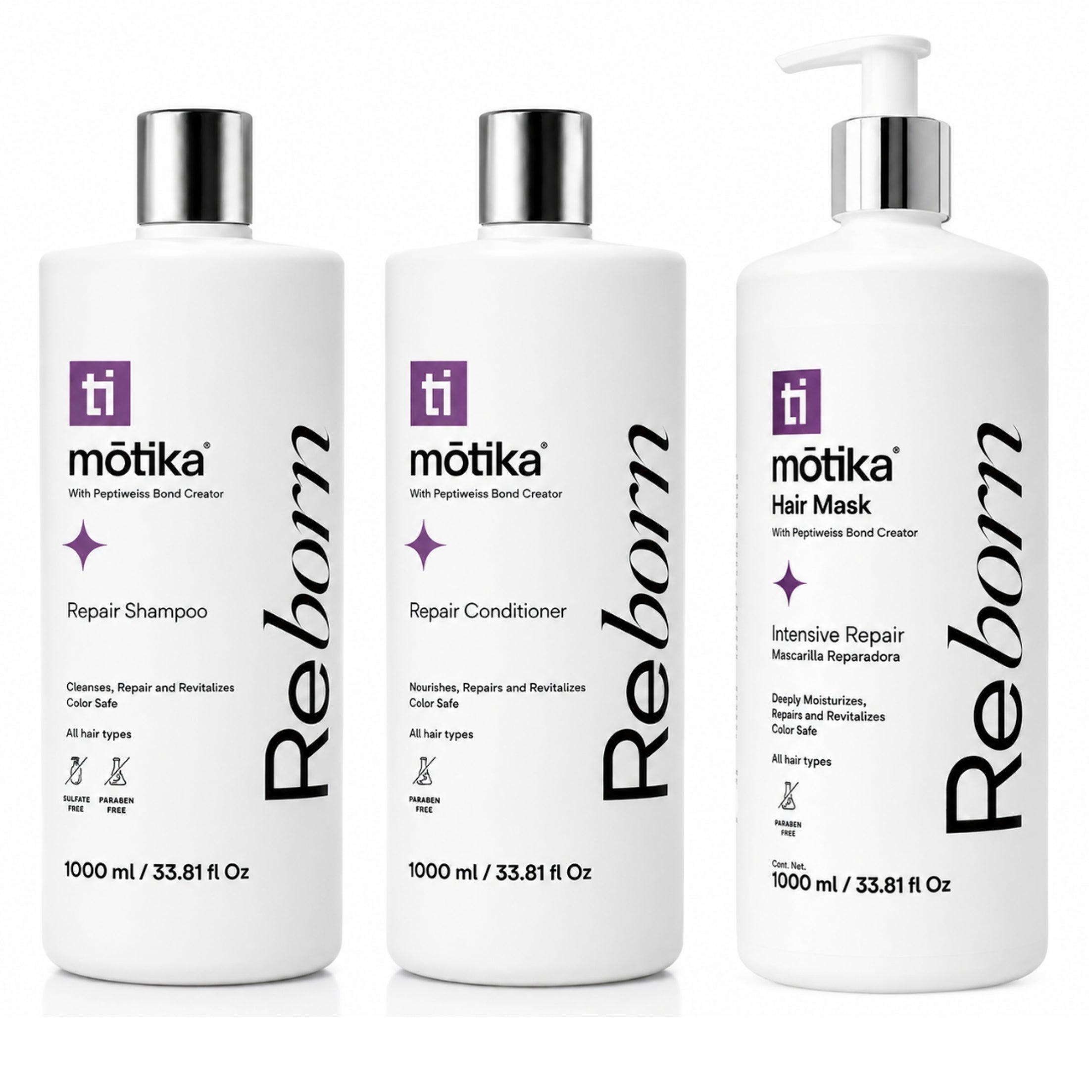 Trío Shampoo + Bonditioner + Hair Mask Reborn mōtika | Limpieza, Reparación e Hidratación para Cabello Dañado